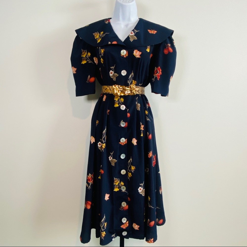 Stunning Navy Floral Print Large Shawl Bib Collar A-Line Flare Dress Size 10